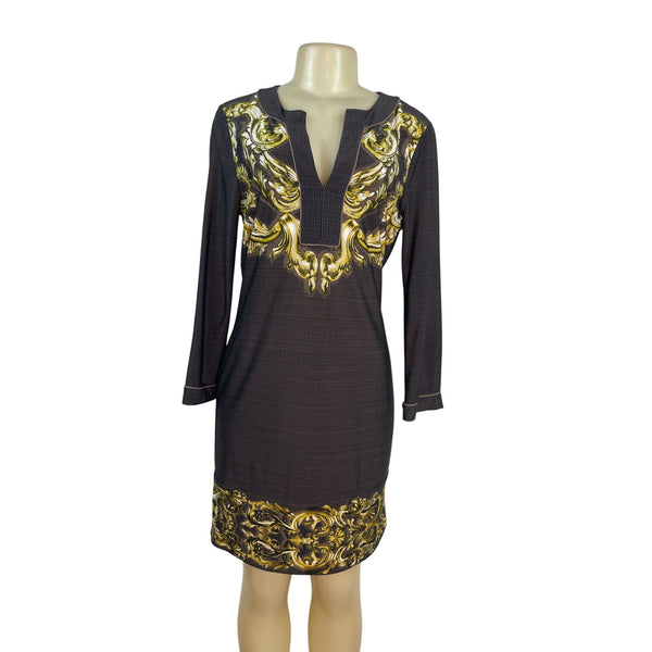 BCBG MAXAZRIA Womens Gold Baroque Print Long-Sleeve Tunic Dress Size M