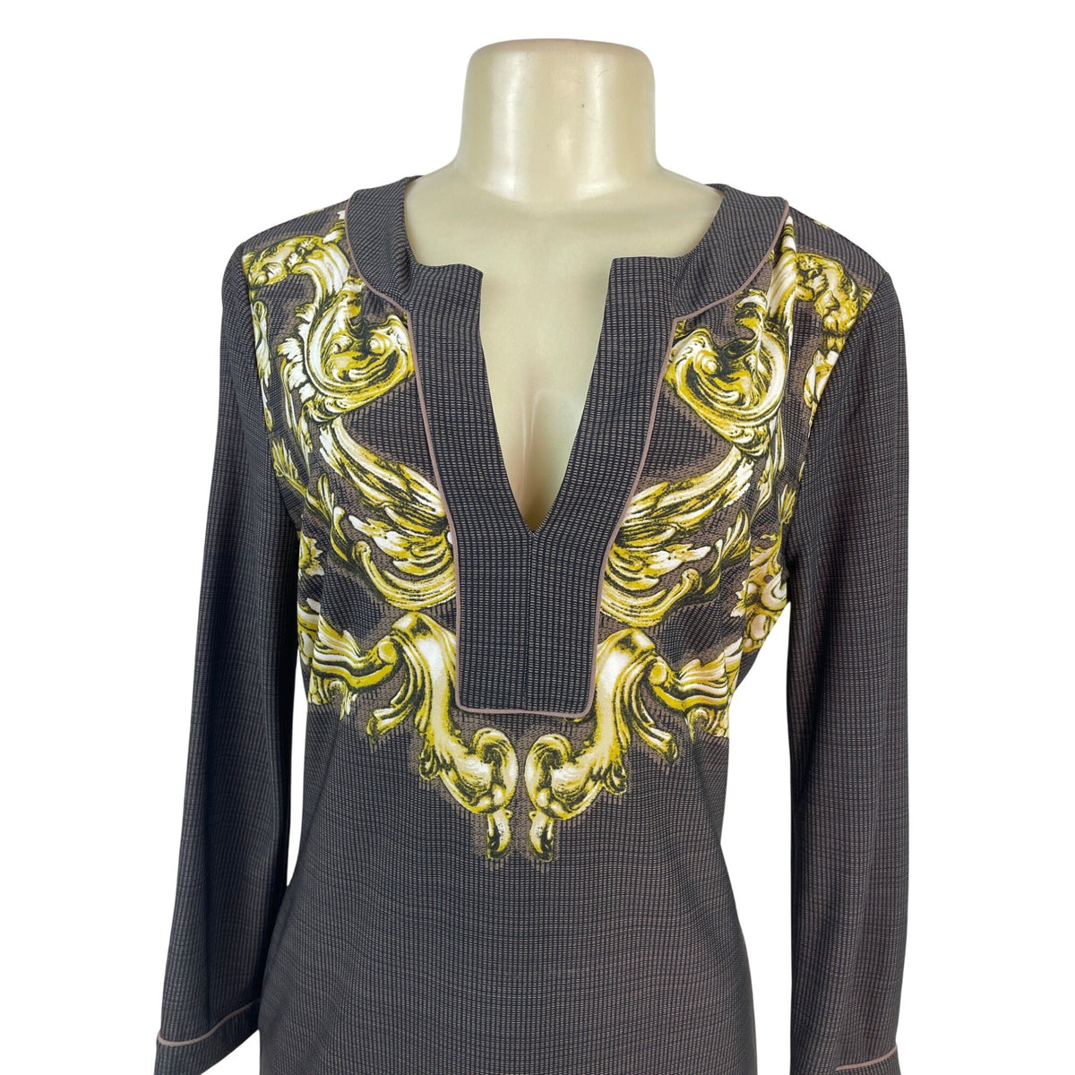 BCBG MAXAZRIA Womens Gold Baroque Print Long-Sleeve Tunic Dress Size M