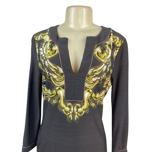 BCBG MAXAZRIA Womens Gold Baroque Print Long-Sleeve Tunic Dress Size M
