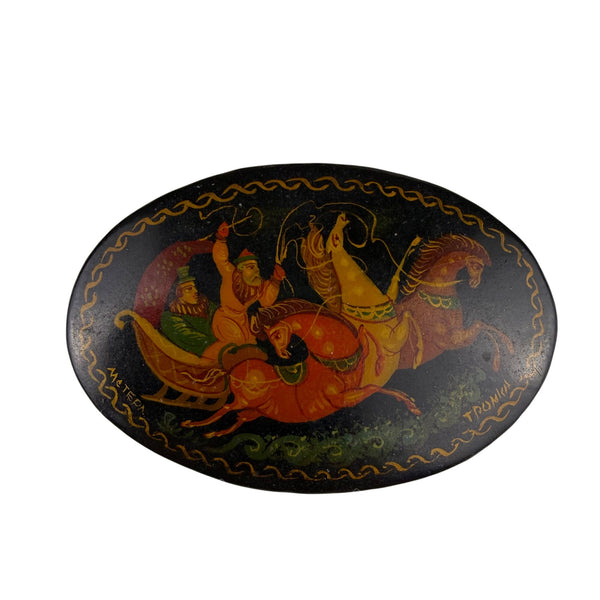 Russian Vintage Hand-Painted Brooch Black Lacquer Fairy Tale Oval Scene