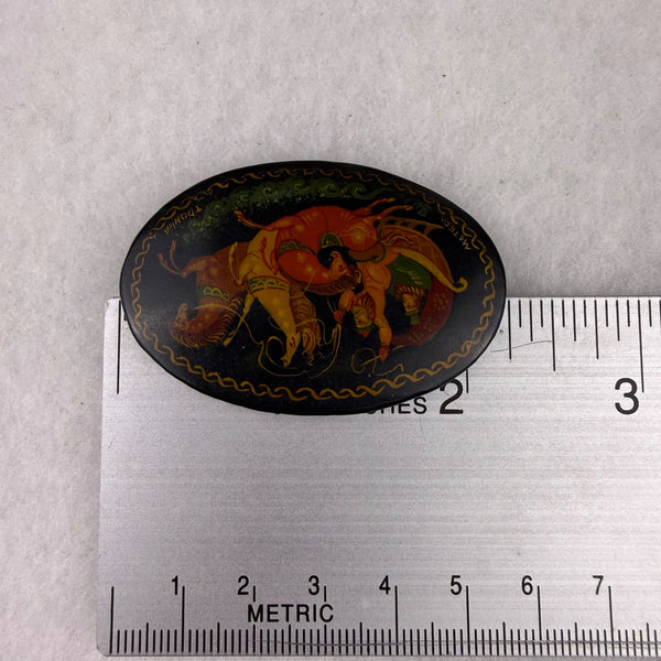 Russian Vintage Hand-Painted Brooch Black Lacquer Fairy Tale Oval Scene