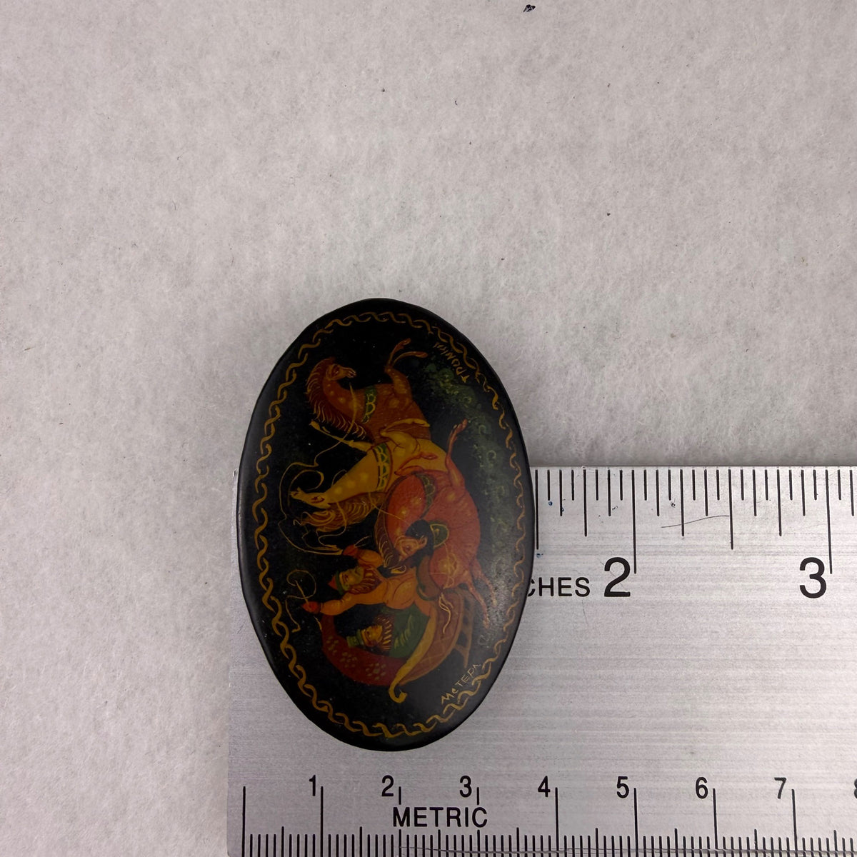 Russian Vintage Hand-Painted Brooch Black Lacquer Fairy Tale Oval Scene