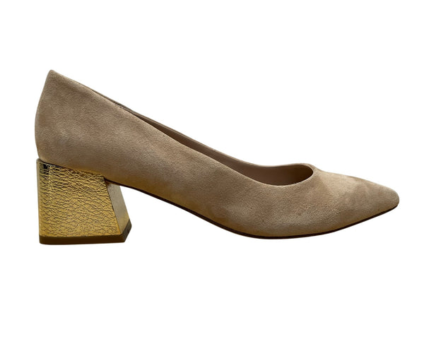 Bleeker & Bond Women’s Beige Suede Gold Accent Block Heel Yasmine Pumps Size 7M