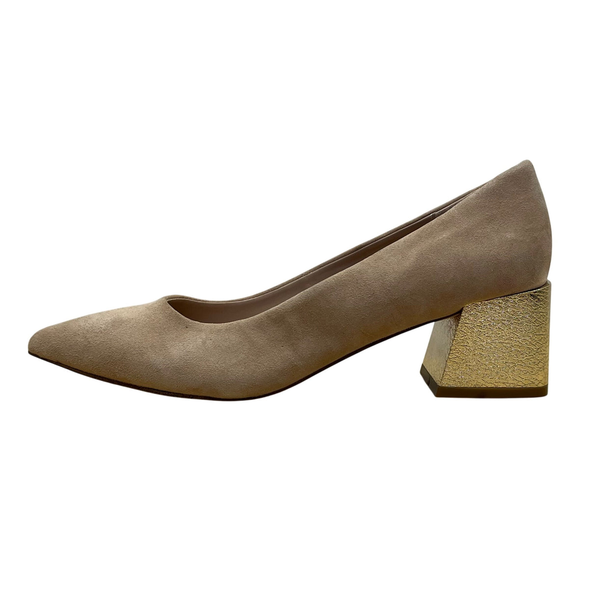 Bleeker & Bond Women’s Beige Suede Gold Accent Block Heel Yasmine Pumps Size 7M