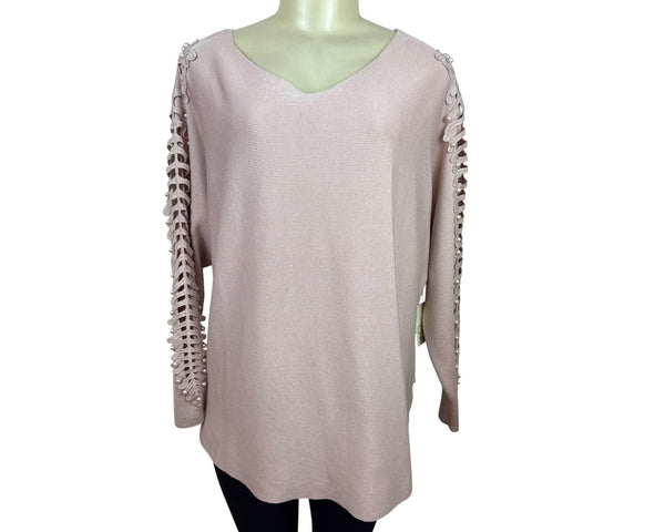 Cactus + Pearl Women’s Powder Pink Knit Sweater With Cutout Sleeves Size M