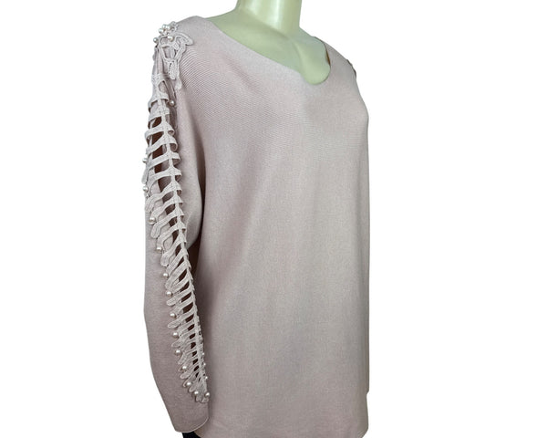 Cactus + Pearl Women’s Powder Pink Knit Sweater With Cutout Sleeves Size M