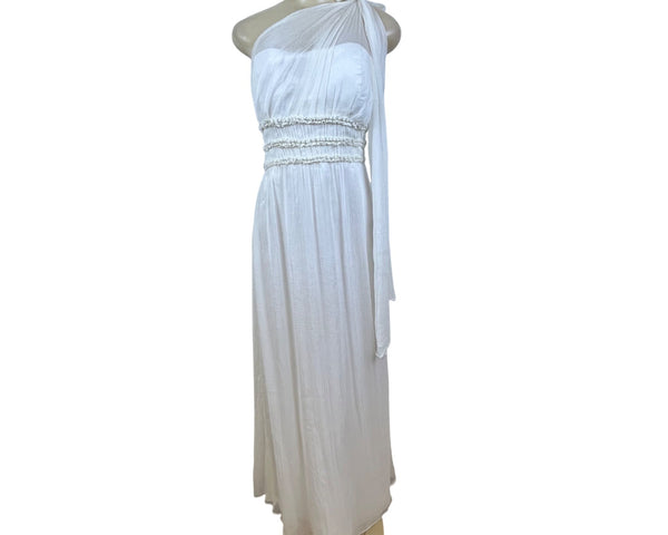 One Shoulder White Chiffon Maxi Dress With Pleated Waistband Detailed