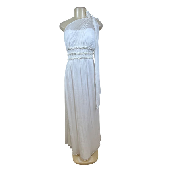 One Shoulder White Chiffon Maxi Dress With Pleated Waistband Detailed