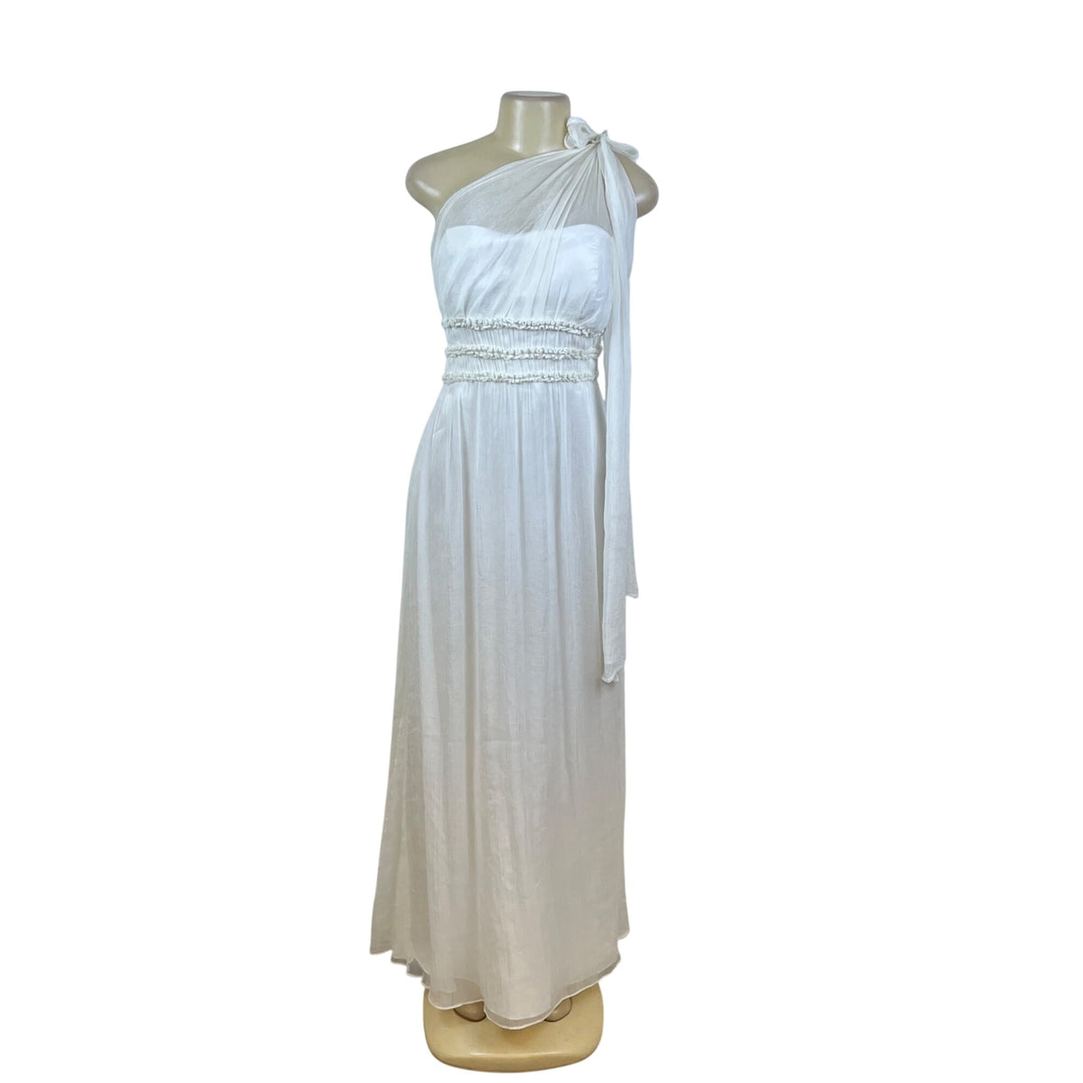 One Shoulder White Chiffon Maxi Dress With Pleated Waistband Detailed