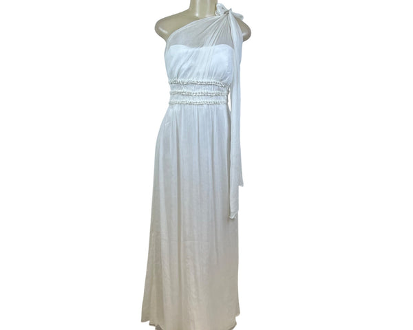 One Shoulder White Chiffon Maxi Dress With Pleated Waistband Detailed