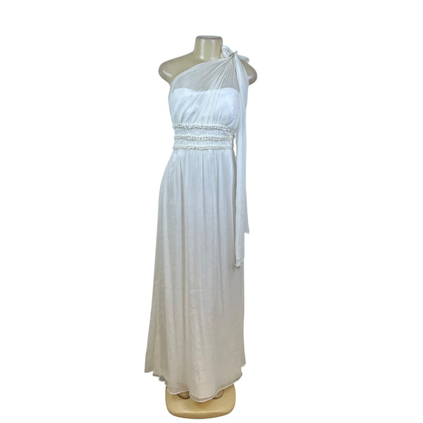 One Shoulder White Chiffon Maxi Dress With Pleated Waistband Detailed
