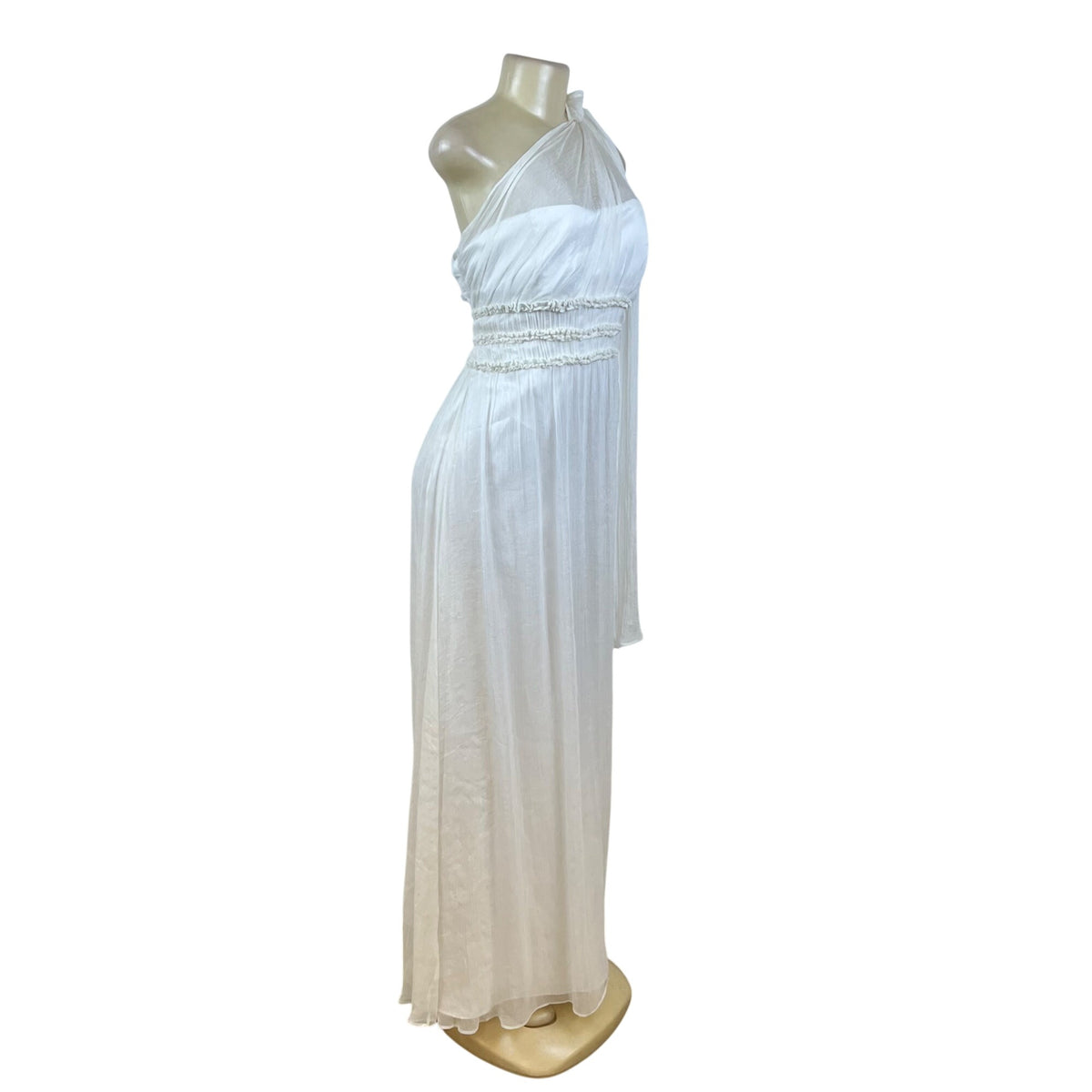 One Shoulder White Chiffon Maxi Dress With Pleated Waistband Detailed