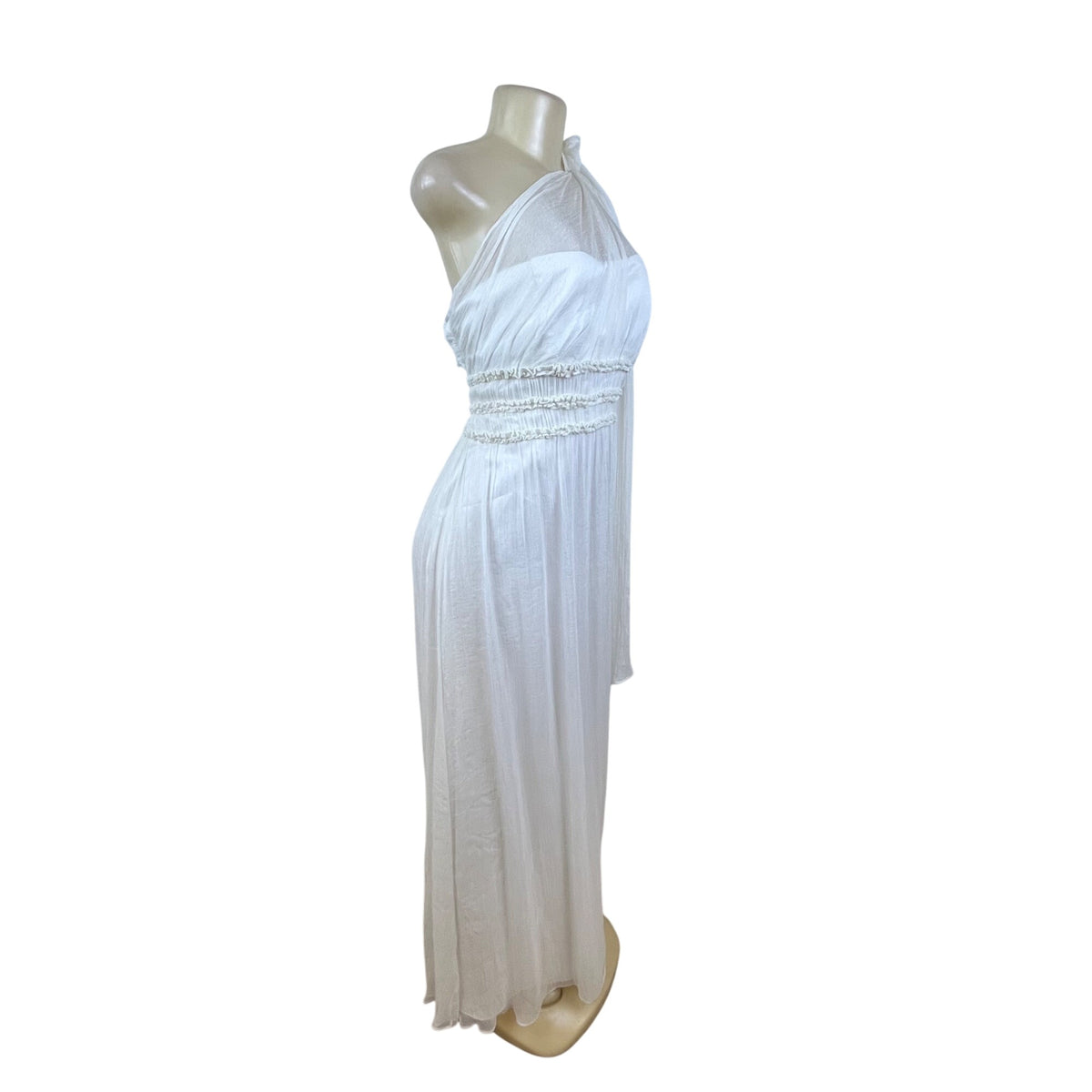 One Shoulder White Chiffon Maxi Dress With Pleated Waistband Detailed
