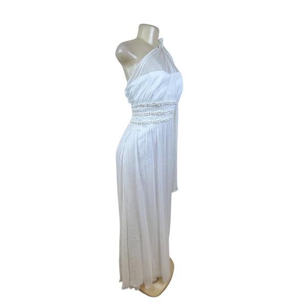 One Shoulder White Chiffon Maxi Dress With Pleated Waistband Detailed