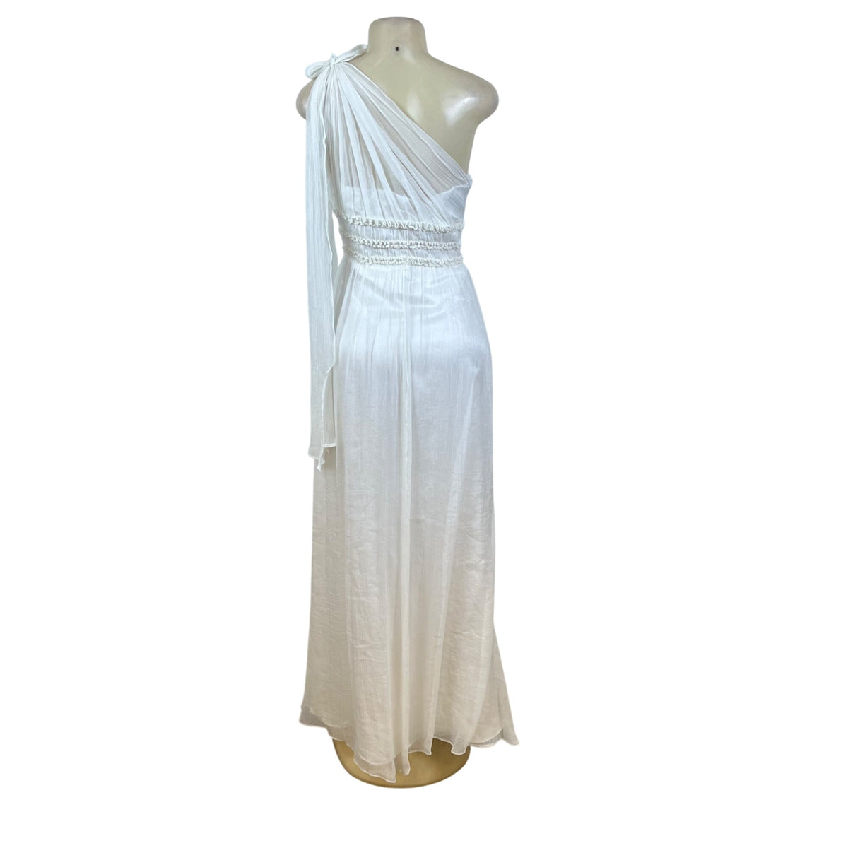 One Shoulder White Chiffon Maxi Dress With Pleated Waistband Detailed