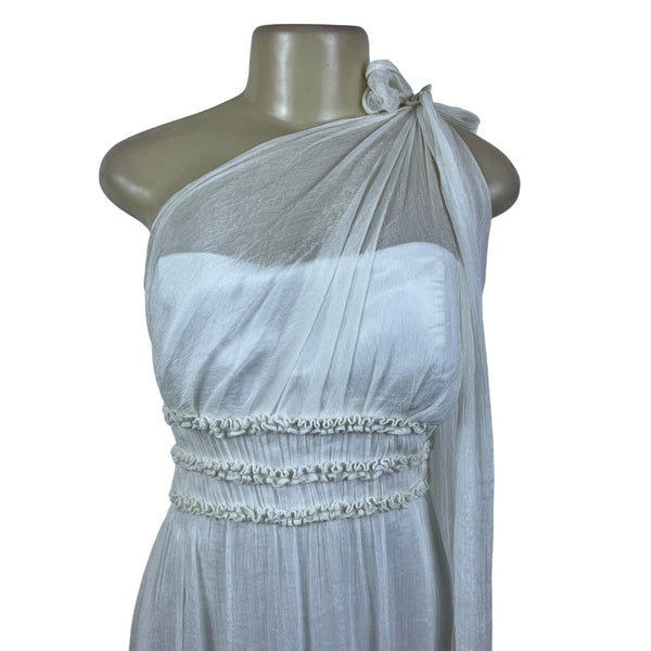 One Shoulder White Chiffon Maxi Dress With Pleated Waistband Detailed
