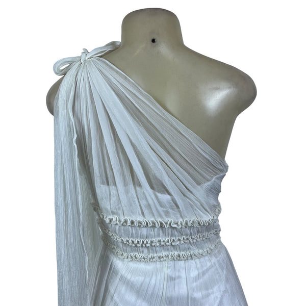 One Shoulder White Chiffon Maxi Dress With Pleated Waistband Detailed