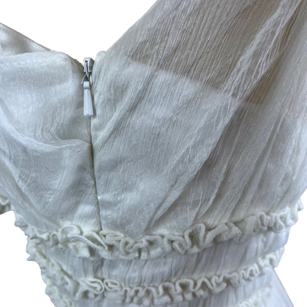 One Shoulder White Chiffon Maxi Dress With Pleated Waistband Detailed