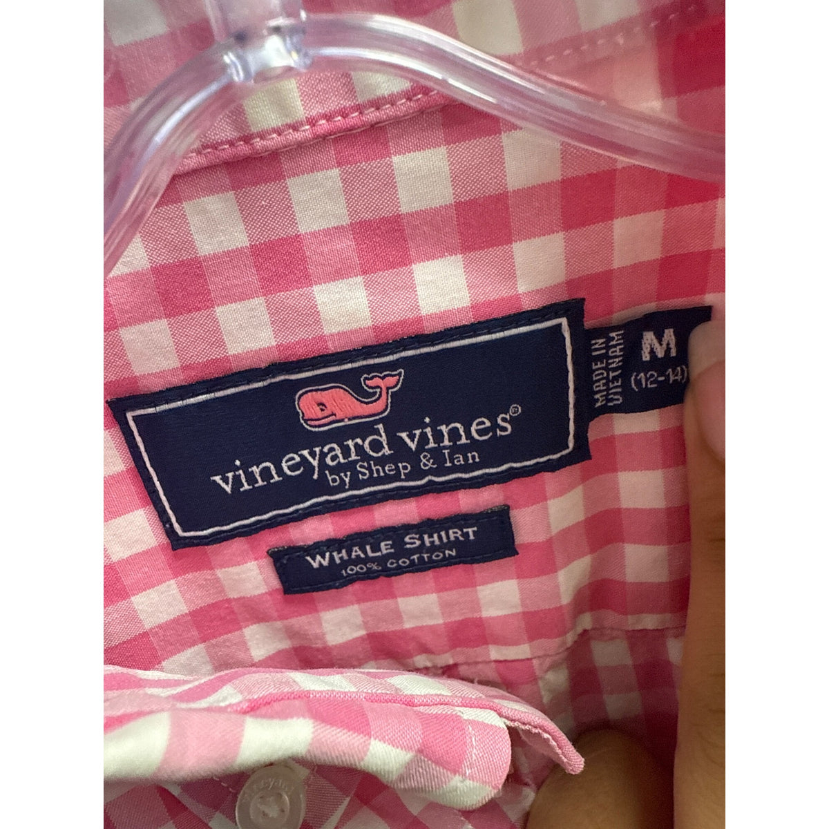 Vineyard Vines Mens Pink Gingham Whale Shirt Size M 100% Cotton Long Sleeve