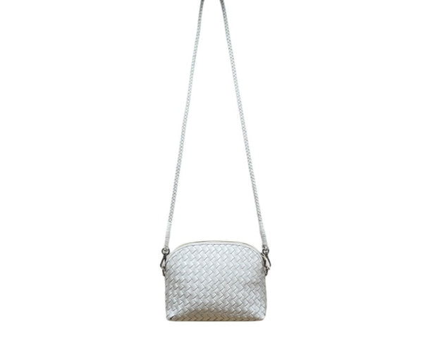 Dragon White Leather Woven Detachable Strap & Zipper Closure Crossbody Bag Sz M