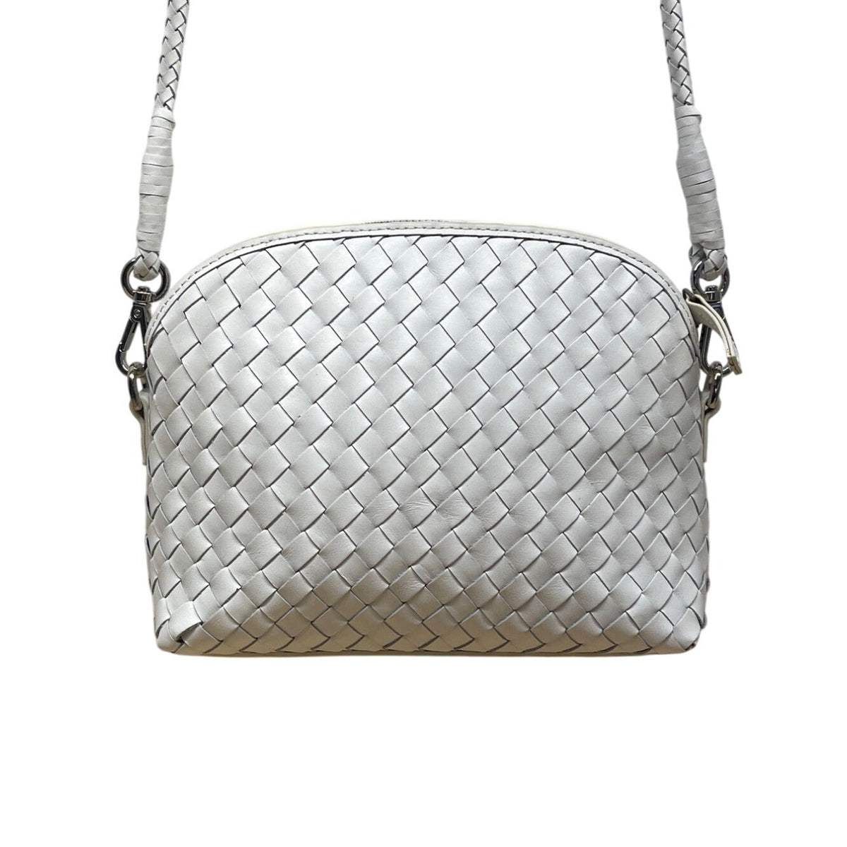 Dragon White Leather Woven Detachable Strap & Zipper Closure Crossbody Bag Sz M