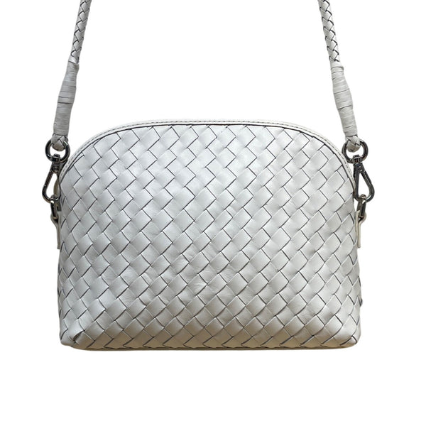 Dragon White Leather Woven Detachable Strap & Zipper Closure Crossbody Bag Sz M