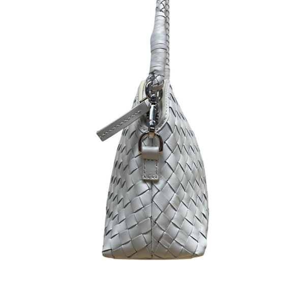 Dragon White Leather Woven Detachable Strap & Zipper Closure Crossbody Bag Sz M