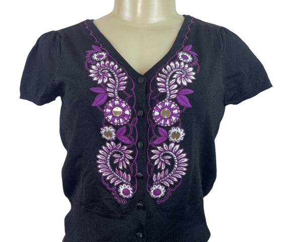INC Black V-Neck Embroidered Button-Up Cardigan Size S - New