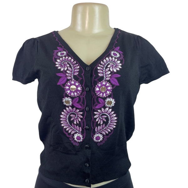 INC Black V-Neck Embroidered Button-Up Cardigan Size S - New