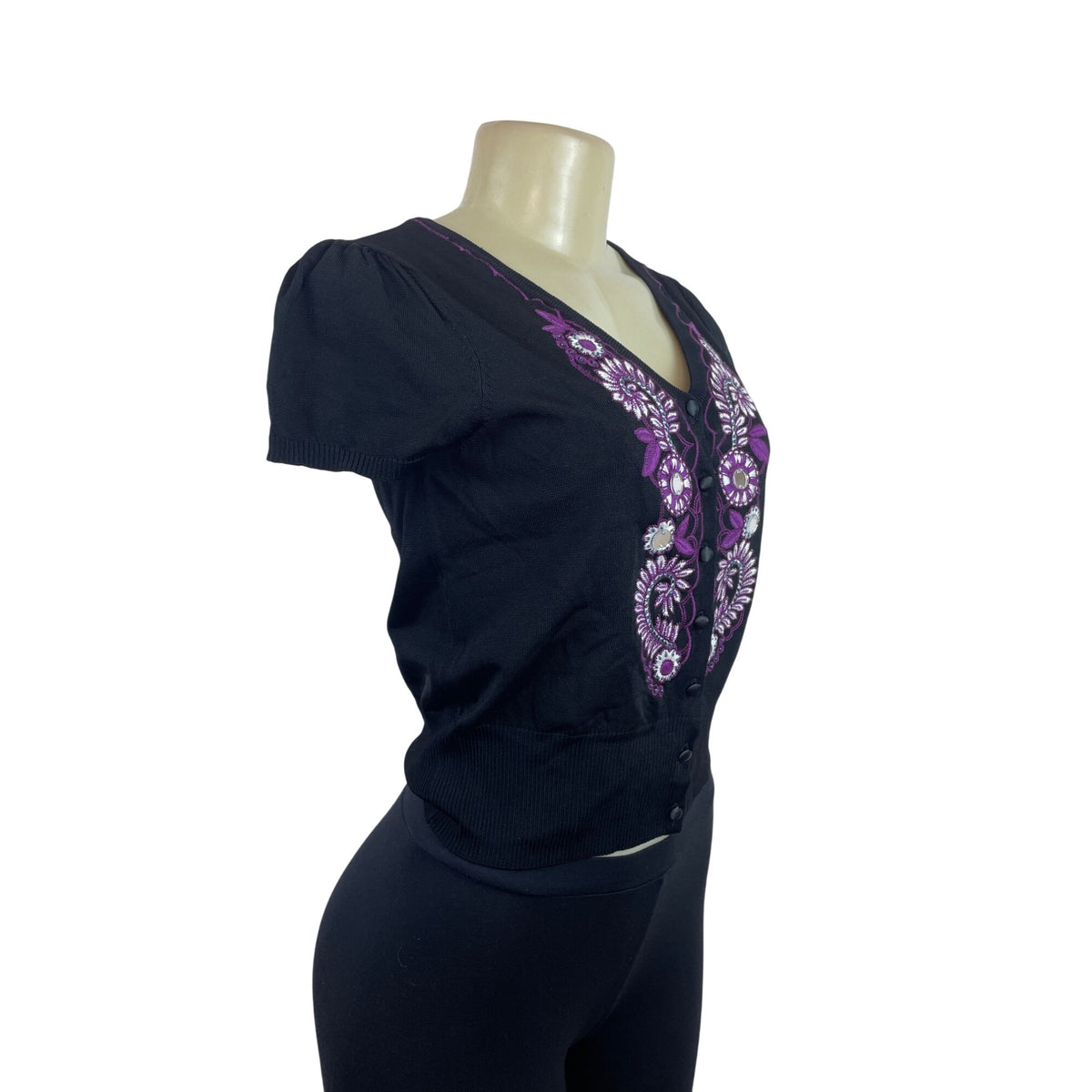 INC Black V-Neck Embroidered Button-Up Cardigan Size S - New