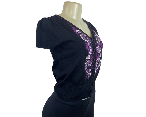 INC Black V-Neck Embroidered Button-Up Cardigan Size S - New