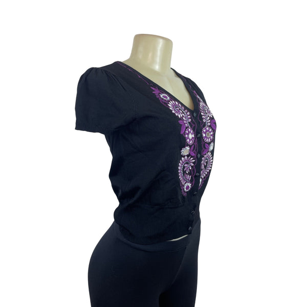 INC Black V-Neck Embroidered Button-Up Cardigan Size S - New