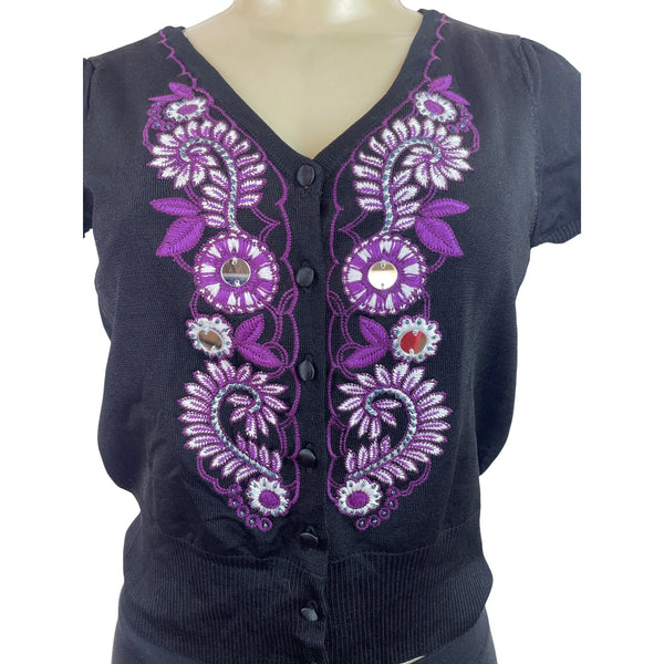 INC Black V-Neck Embroidered Button-Up Cardigan Size S - New