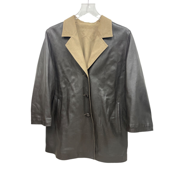 Leather Mens Brown & Tan Collar Button-Up Coat Outerwear Lightweight Unknown Size/Brand