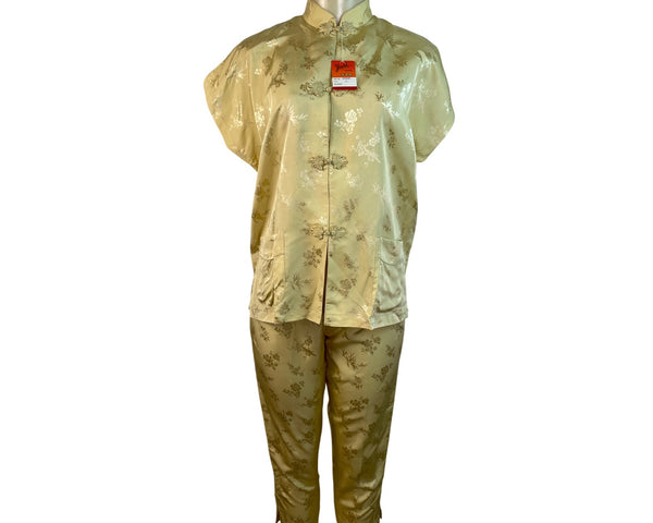 Youth Women Pajama Gold Silk Brocade Two-Piece Outfit Sz L - New