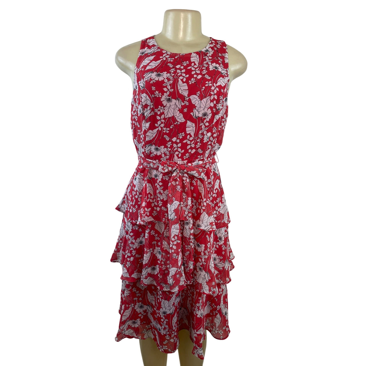 Sandra Darren  Sleeveless Red Floral Print Ruffle Dress With Tie Waist Size 8P