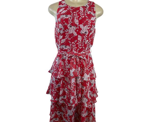 Sandra Darren  Sleeveless Red Floral Print Ruffle Dress With Tie Waist Size 8P