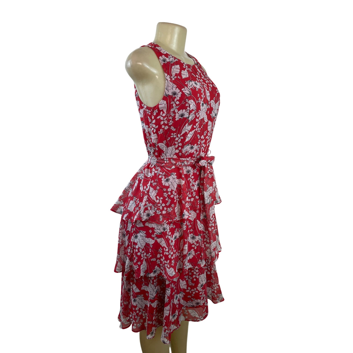 Sandra Darren  Sleeveless Red Floral Print Ruffle Dress With Tie Waist Size 8P