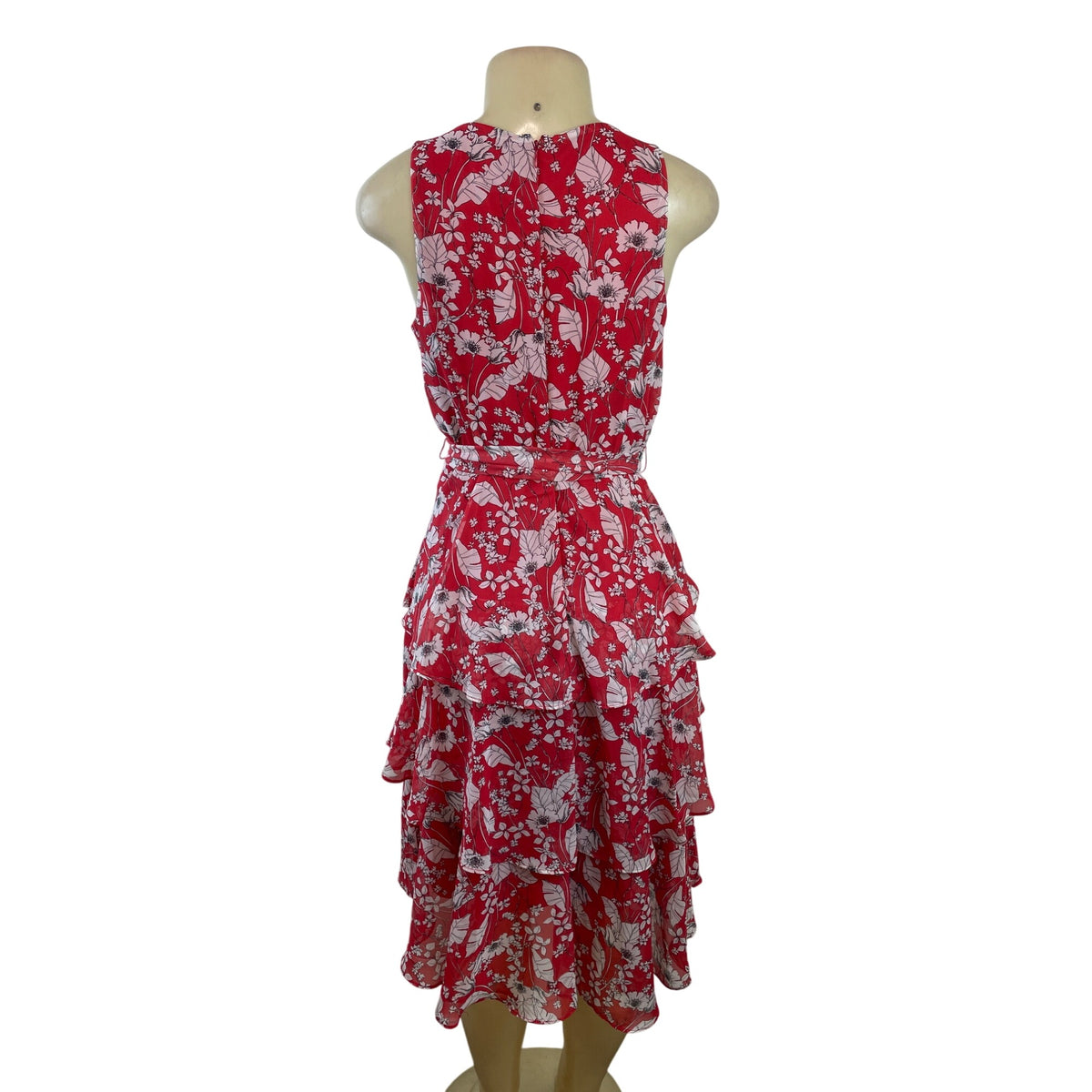 Sandra Darren  Sleeveless Red Floral Print Ruffle Dress With Tie Waist Size 8P