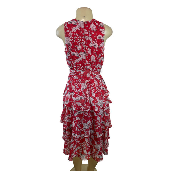 Sandra Darren  Sleeveless Red Floral Print Ruffle Dress With Tie Waist Size 8P