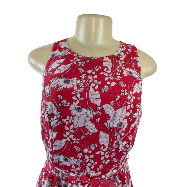 Sandra Darren  Sleeveless Red Floral Print Ruffle Dress With Tie Waist Size 8P