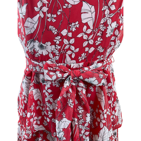 Sandra Darren  Sleeveless Red Floral Print Ruffle Dress With Tie Waist Size 8P