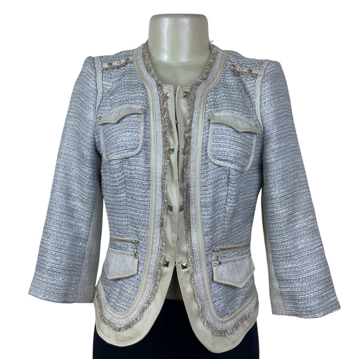 White House Black Market Women's Jacket Silver & Cream Open Front Modern Size 4