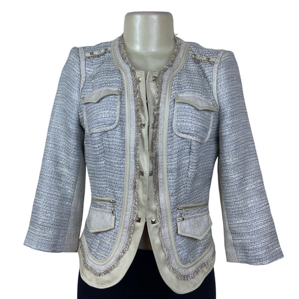 White House Black Market Women's Jacket Silver & Cream Open Front Modern Size 4