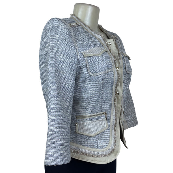 White House Black Market Women's Jacket Silver & Cream Open Front Modern Size 4