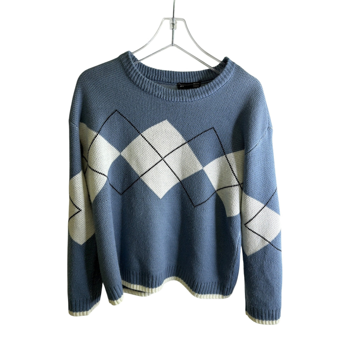 Dazy Womens Blue Knit Argyle Sweater Medium Cozy Casual Pullover Made In China