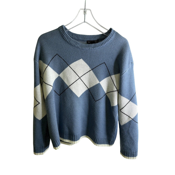 Dazy Womens Blue Knit Argyle Sweater Medium Cozy Casual Pullover Made In China