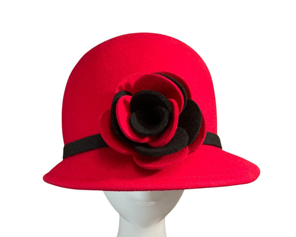 Red Wool & Felt Cloche Hat With Black Band & Floral Accent