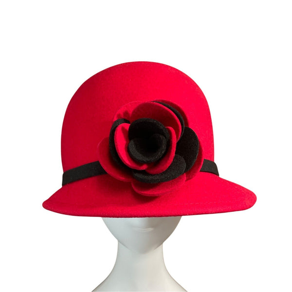 Red Wool & Felt Cloche Hat With Black Band & Floral Accent