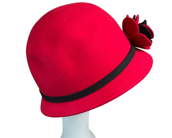 Red Wool & Felt Cloche Hat With Black Band & Floral Accent